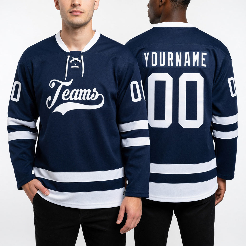 Custom Navy White Hockey Lace Neck Jersey worn front and back