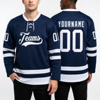 Custom Navy White Hockey Lace Neck Jersey worn front and back