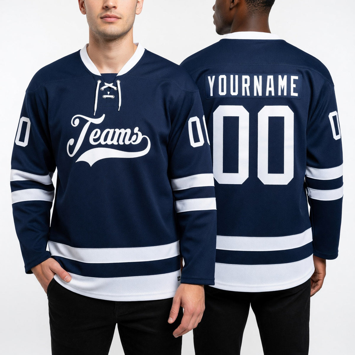 Custom Navy White Hockey Lace Neck Jersey worn front and back
