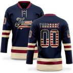 Custom Navy Vintage USA Flag Cream-Crimson Hockey Lace Neck Jersey