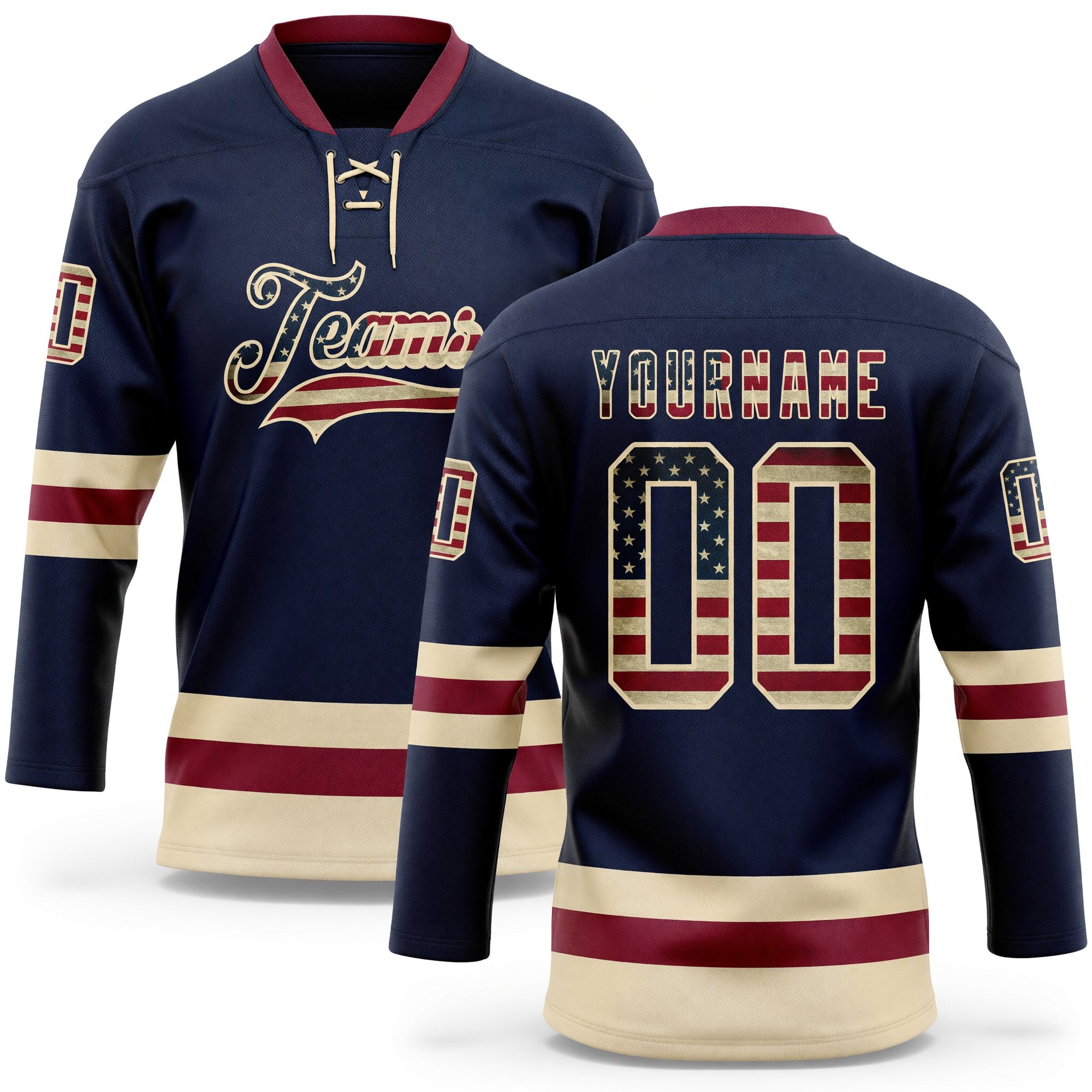Custom Navy Vintage USA Flag Cream-Crimson Hockey Lace Neck Jersey