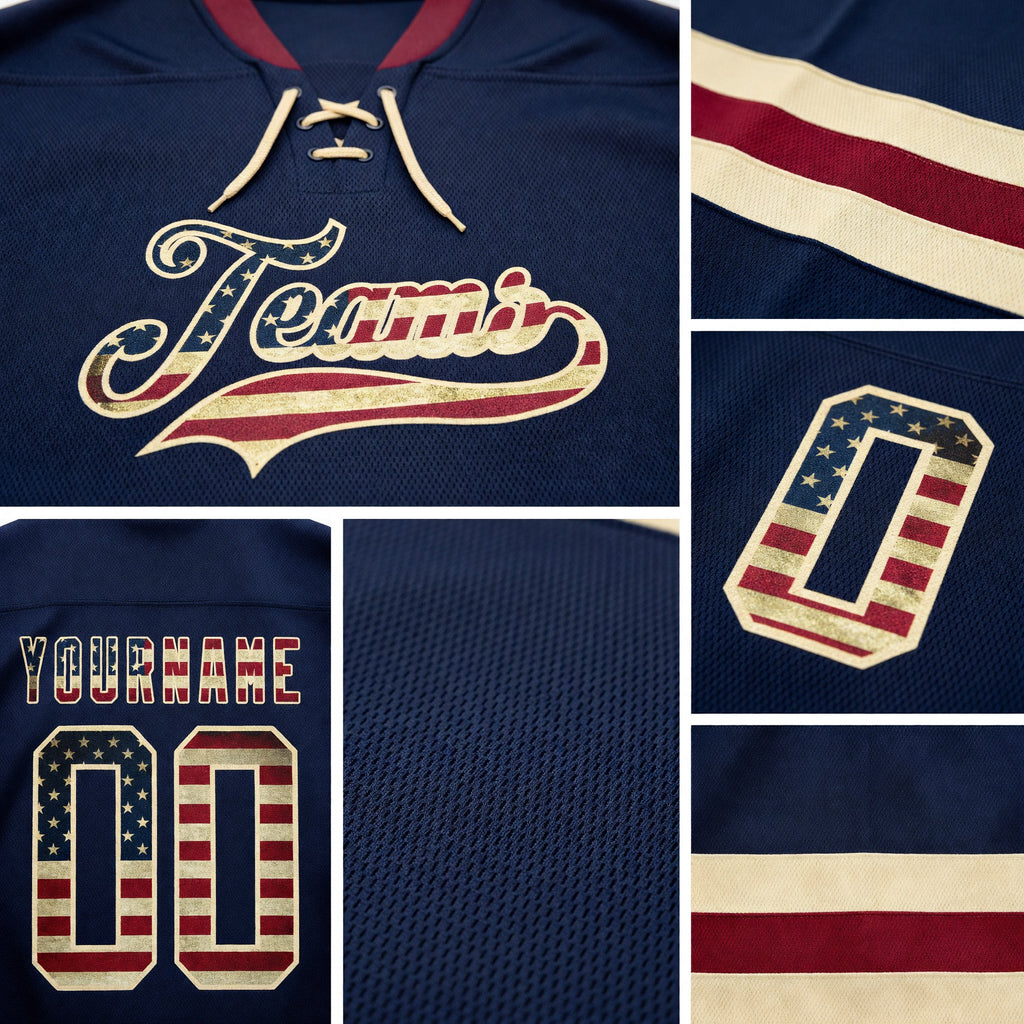 Custom Navy Vintage USA Flag Cream-Crimson Hockey Lace Neck Jersey detail
