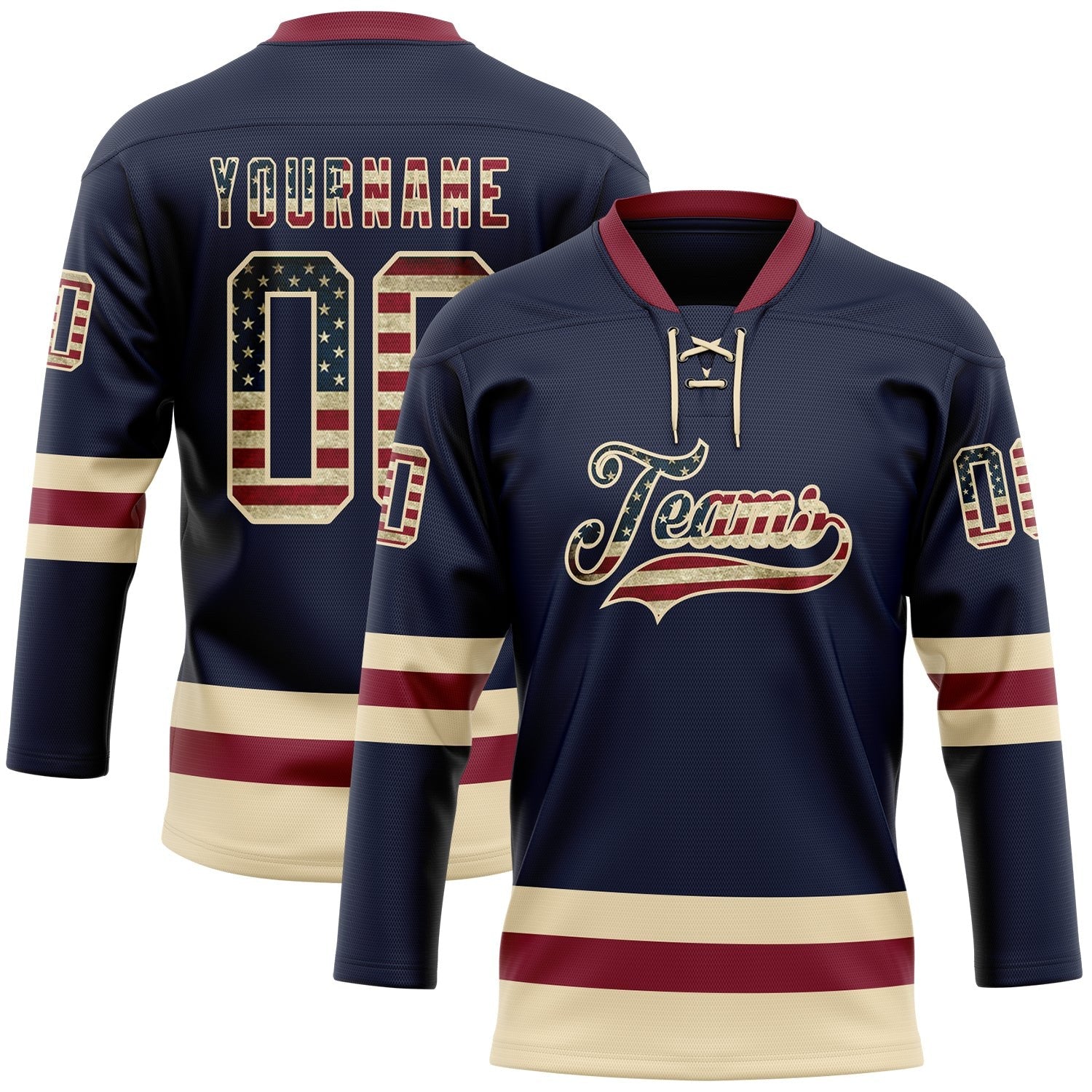 Custom Navy Vintage USA Flag Cream-Crimson Hockey Lace Neck Jersey photo 1
