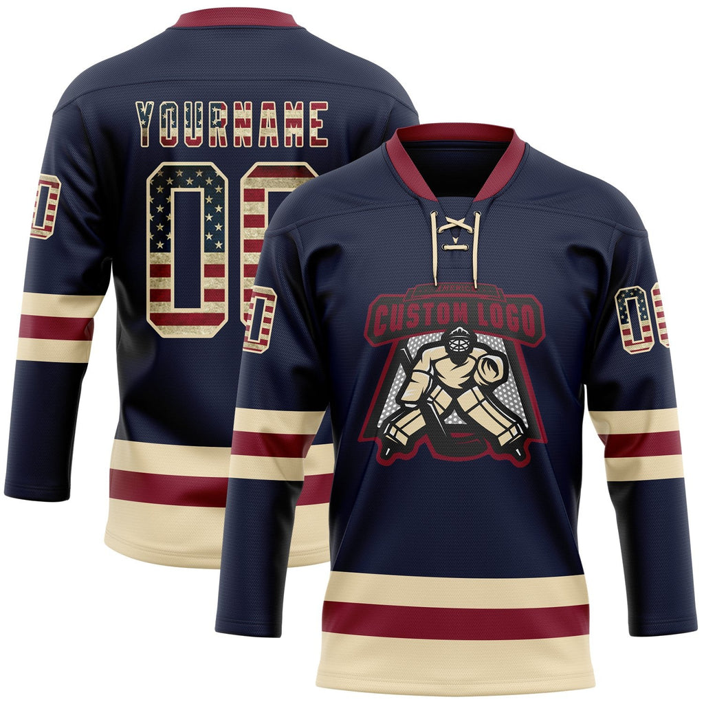 Custom Navy Vintage USA Flag Cream-Crimson Hockey Lace Neck Jersey photo 2