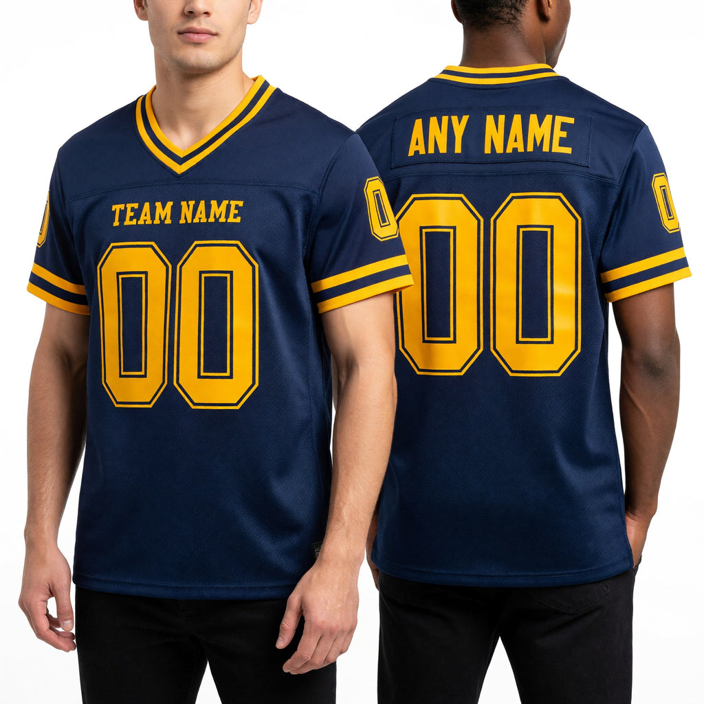Custom Navy Old Gold Mesh Authentic Throwback Football Jersey worn front and back