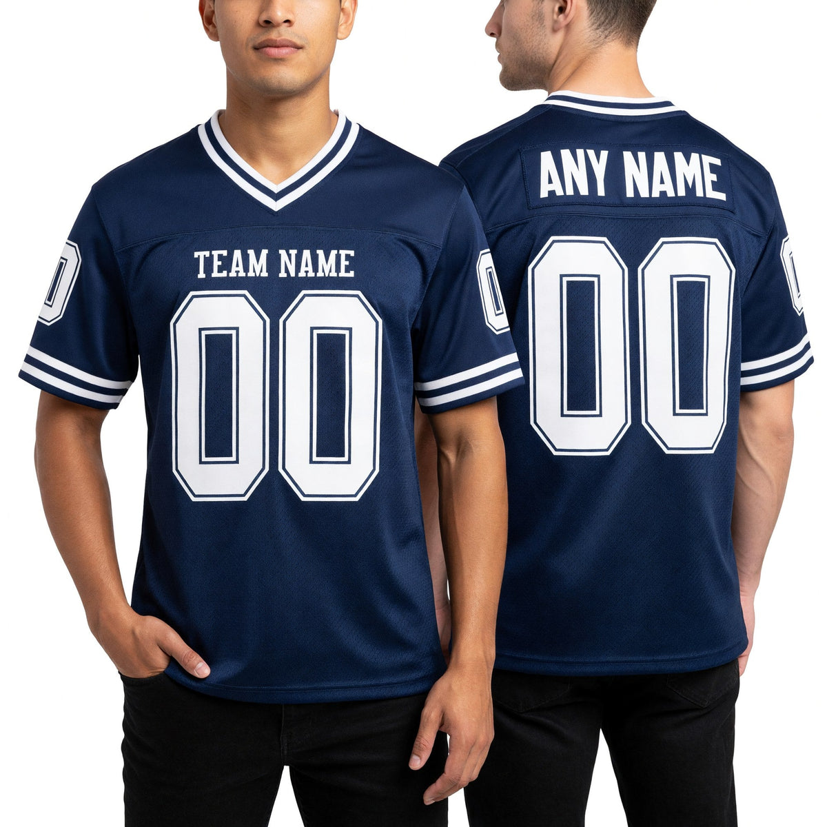 Custom Navy White Mesh Authentic Throwback Football Jersey worn front and back