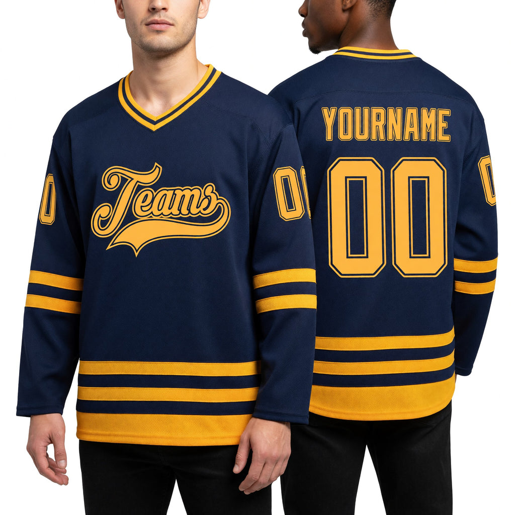 Custom Navy Old Gold Hockey Jersey worn front and back