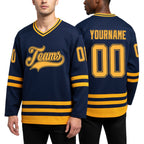 Custom Navy Old Gold Hockey Jersey worn front and back