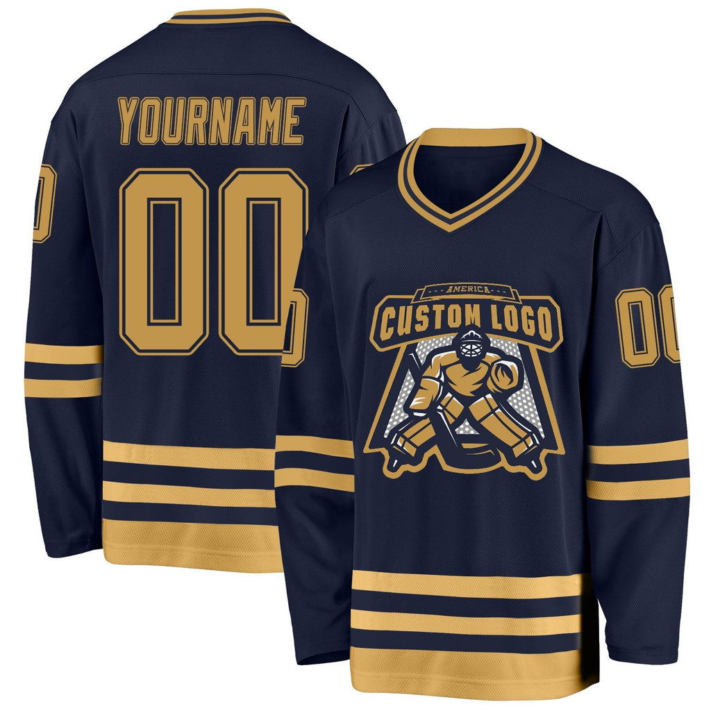 Custom Navy Old Gold Hockey Jersey photo 2
