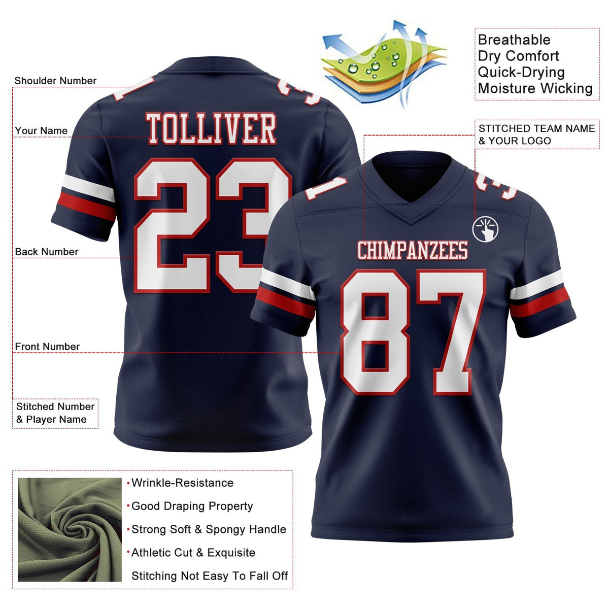Custom Navy White-Red Authentic Football Jersey photo 3