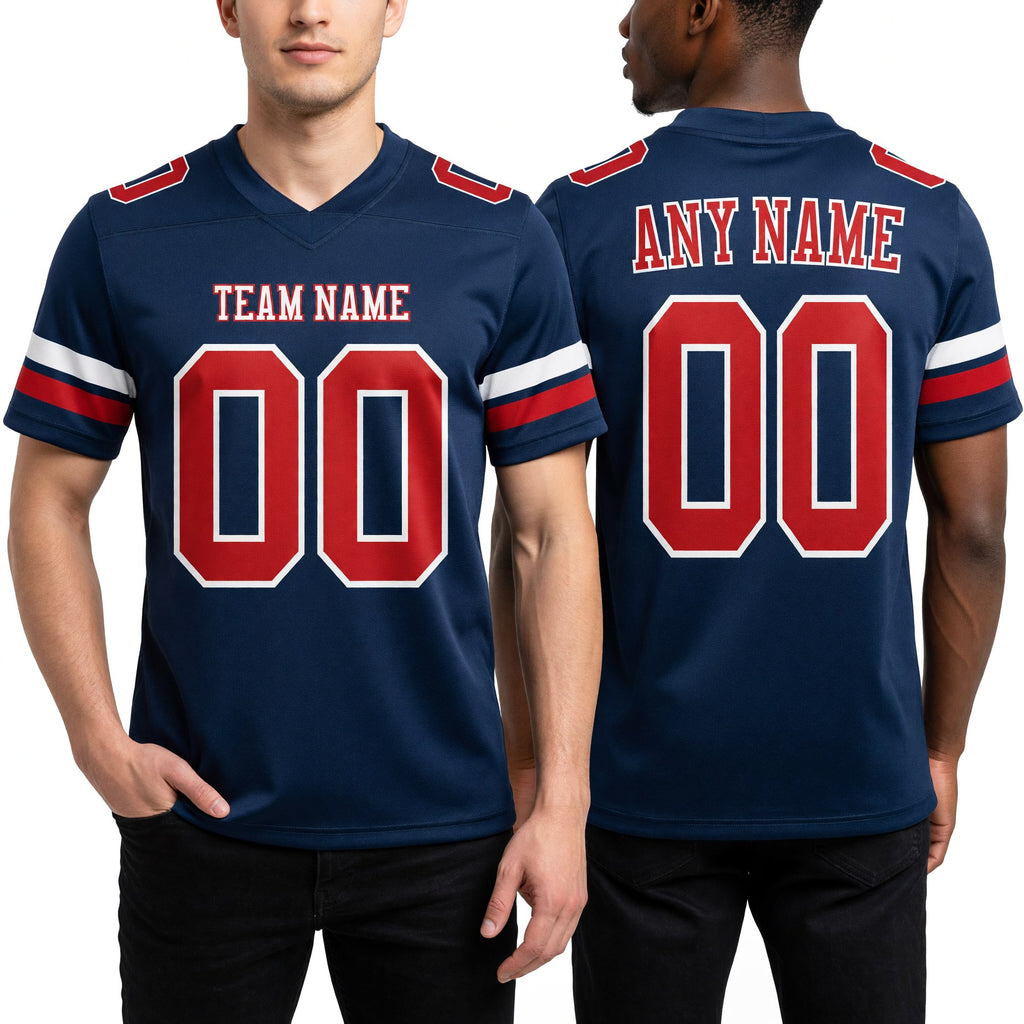 Custom Navy Red-White Authentic Football Jersey worn front and back
