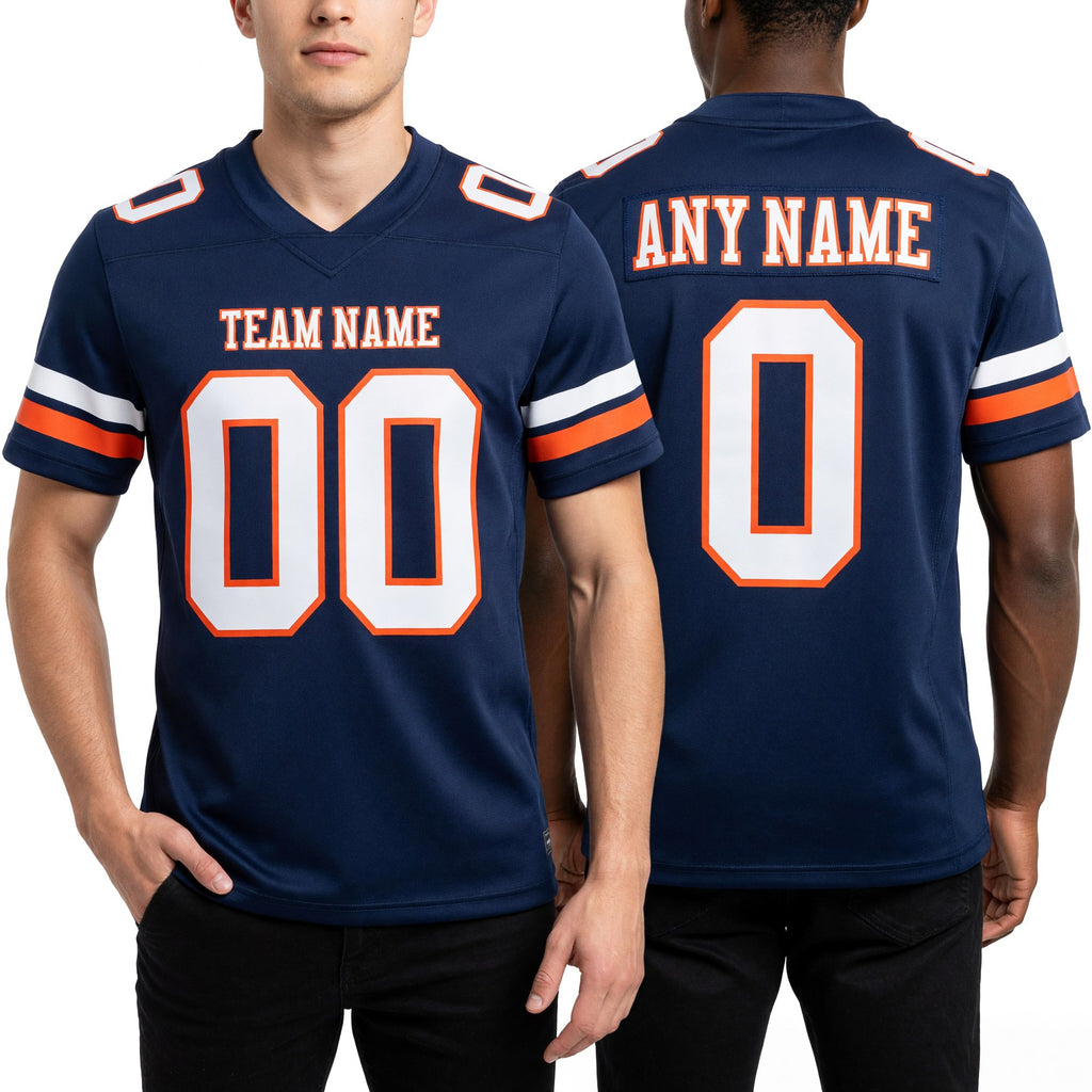 Custom Navy White-Orange Authentic Football Jersey worn front and back