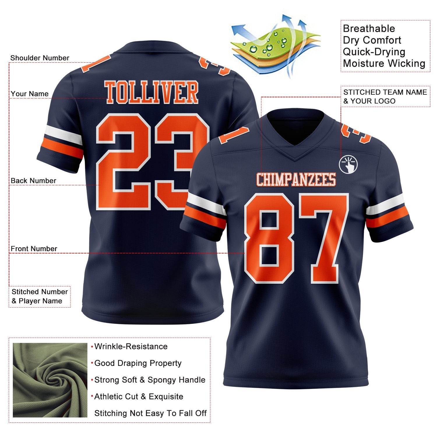 Custom Navy Orange-White Authentic Football Jersey photo 3