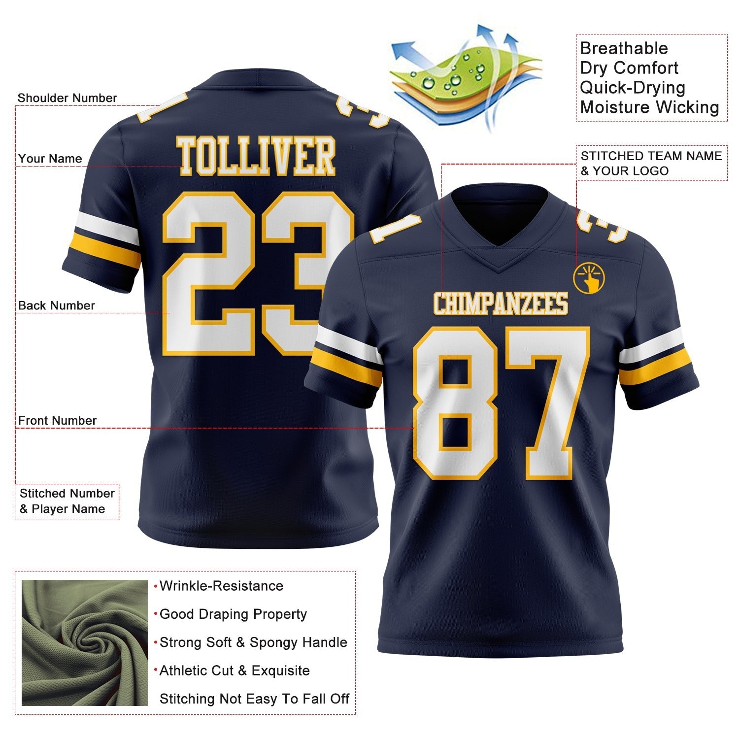 Custom Navy White-Gold Authentic Football Jersey photo 3