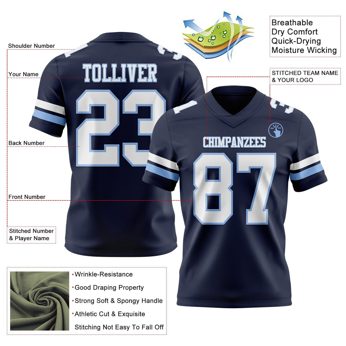 Custom Navy White-Light Blue Authentic Football Jersey photo 3