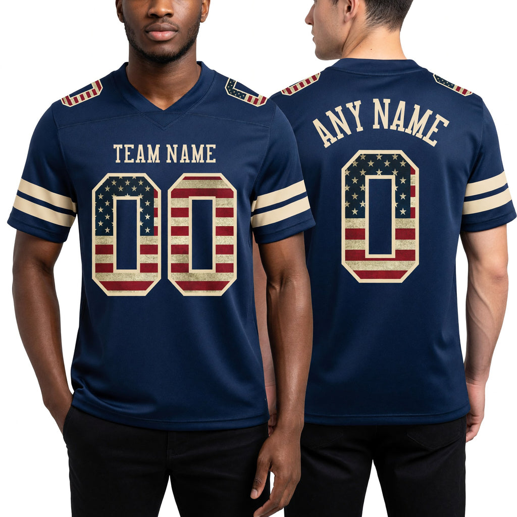 Custom Navy Vintage USA Flag-Cream Authentic Football Jersey worn front and back