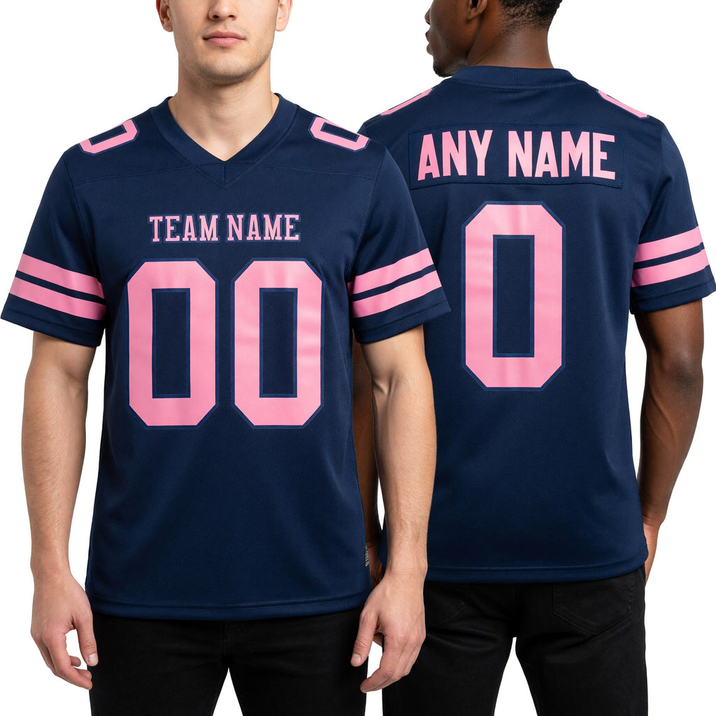 Custom Navy Medium Pink Authentic Football Jersey worn front and back