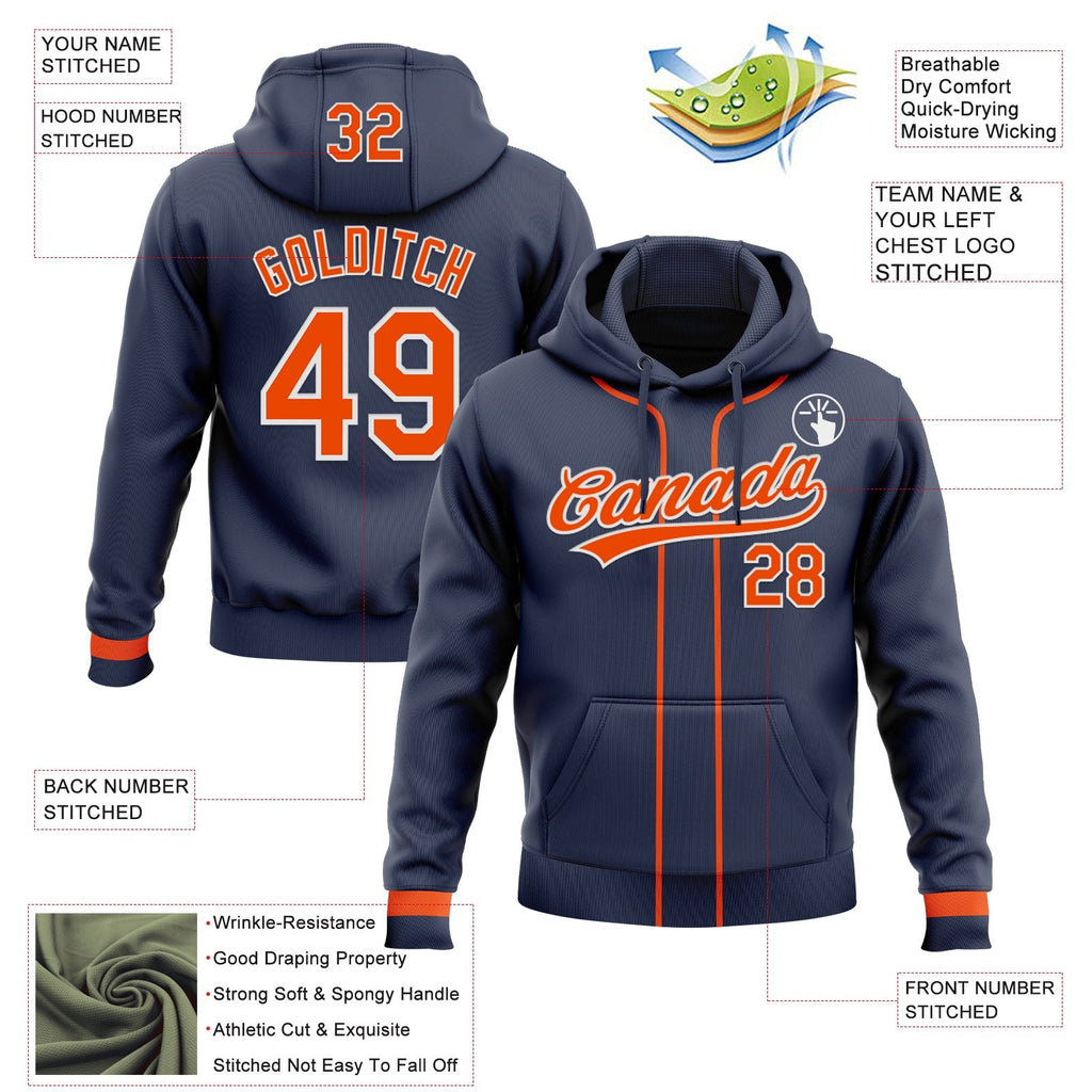 Custom Stitched Navy Orange-White Baseball Pullover Sweatshirt Hoodie photo 2