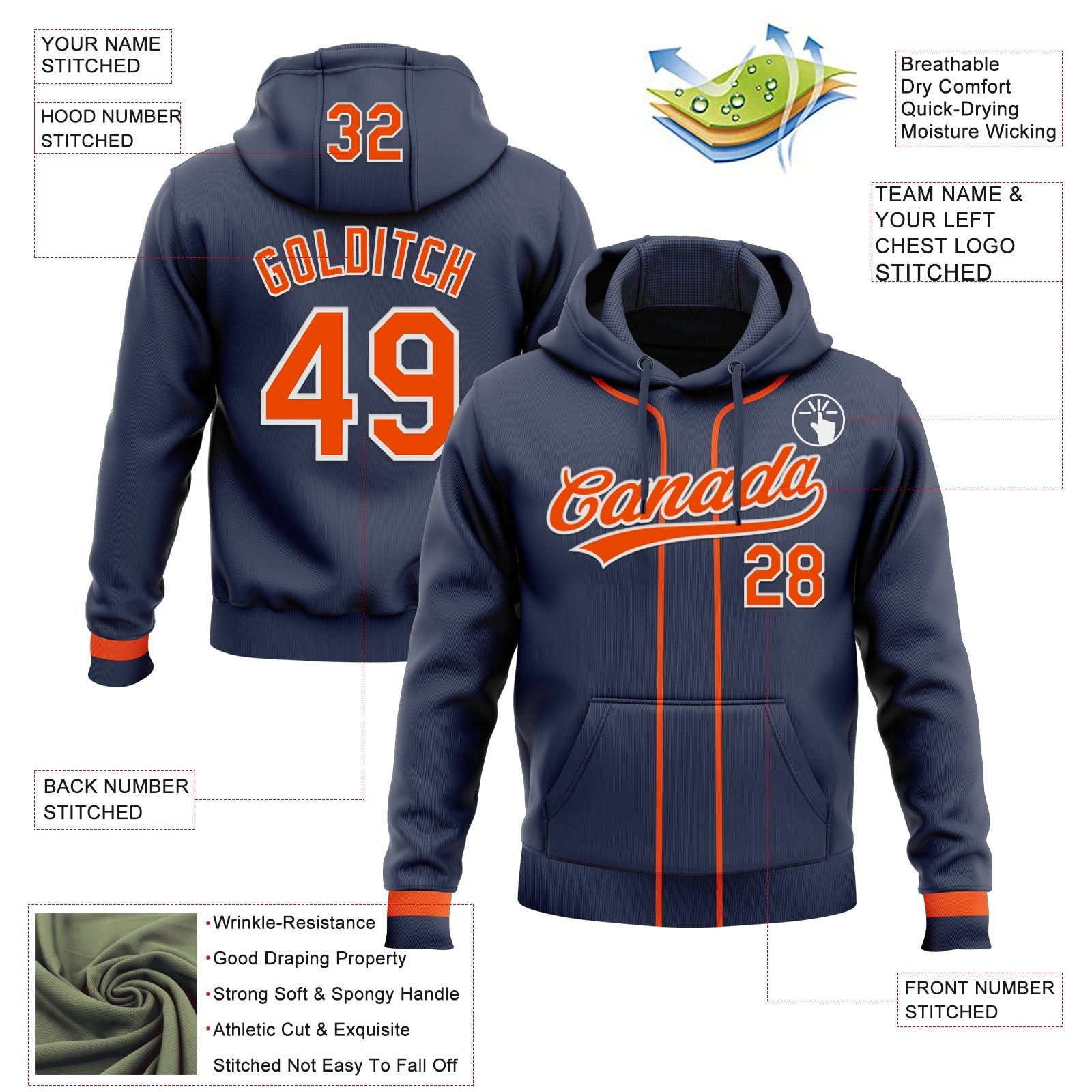 Custom Stitched Navy Orange-White Baseball Pullover Sweatshirt Hoodie photo 2