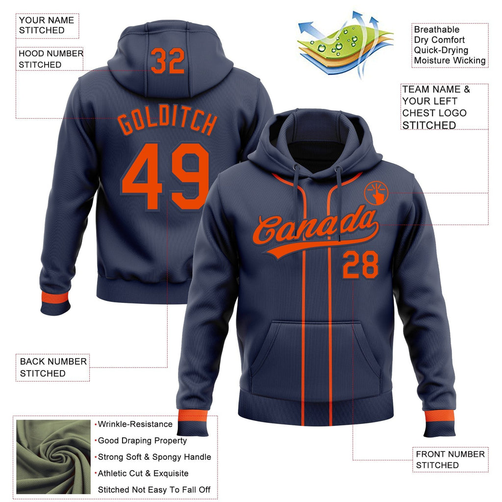 Custom Stitched Navy Orange Baseball Pullover Sweatshirt Hoodie photo 2