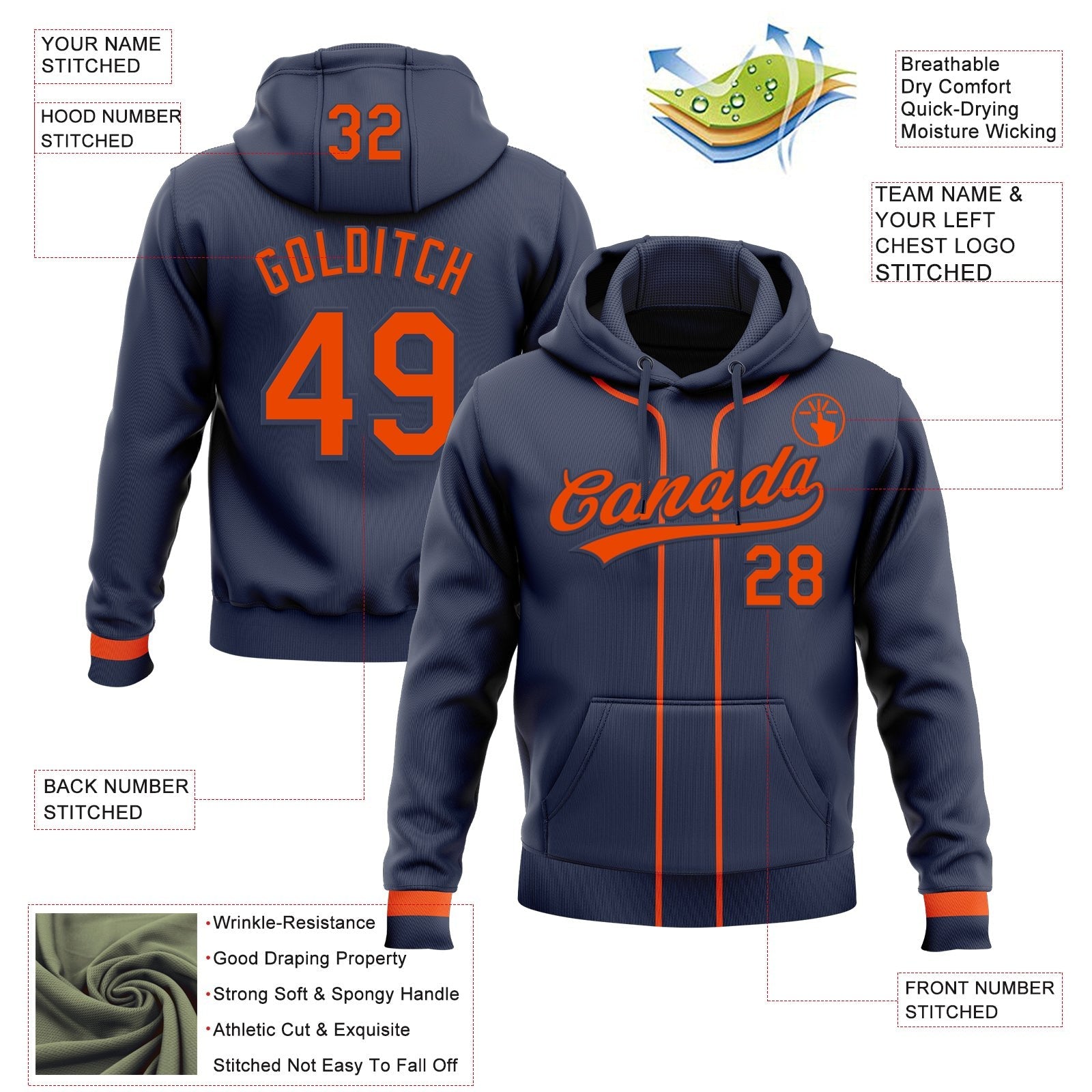 Custom Stitched Navy Orange Baseball Pullover Sweatshirt Hoodie photo 2