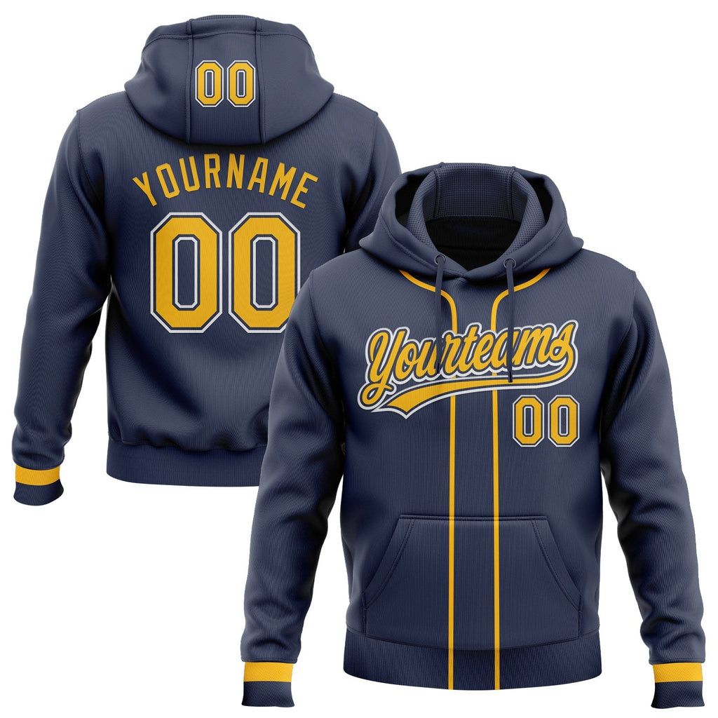 Custom Stitched Navy Gold-White Baseball Pullover Sweatshirt Hoodie photo 1