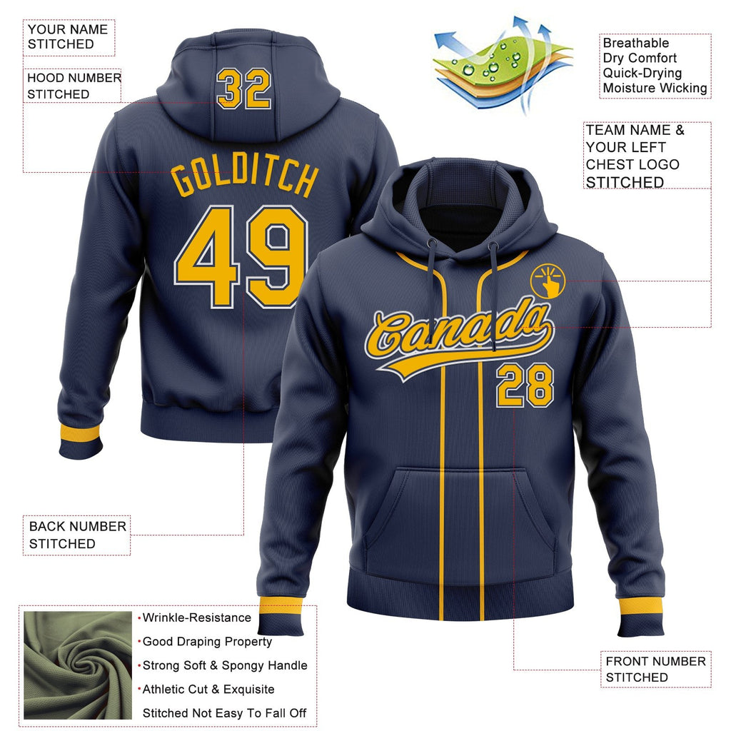 Custom Stitched Navy Gold-White Baseball Pullover Sweatshirt Hoodie photo 2