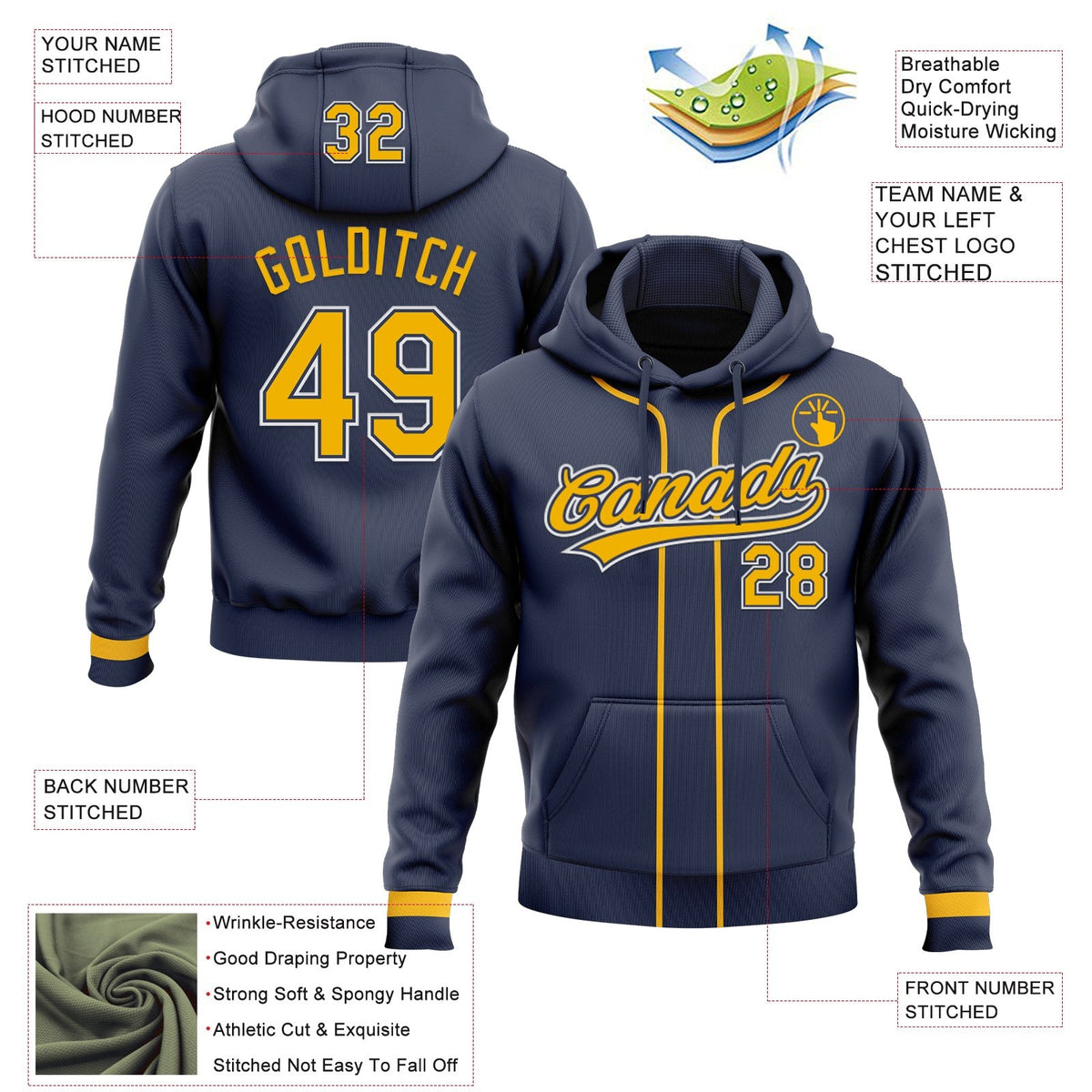 Custom Stitched Navy Gold-White Baseball Pullover Sweatshirt Hoodie photo 2