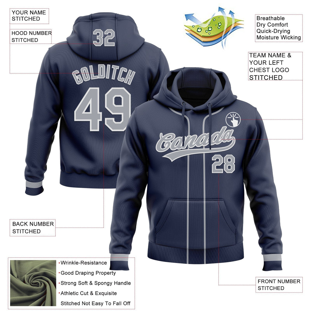 Custom Stitched Navy Gray-White Baseball Pullover Sweatshirt Hoodie photo 2