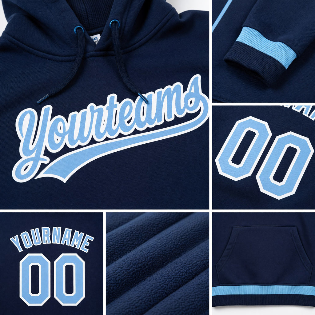 Custom Stitched Navy Light Blue-White Baseball Pullover Sweatshirt Hoodie detail
