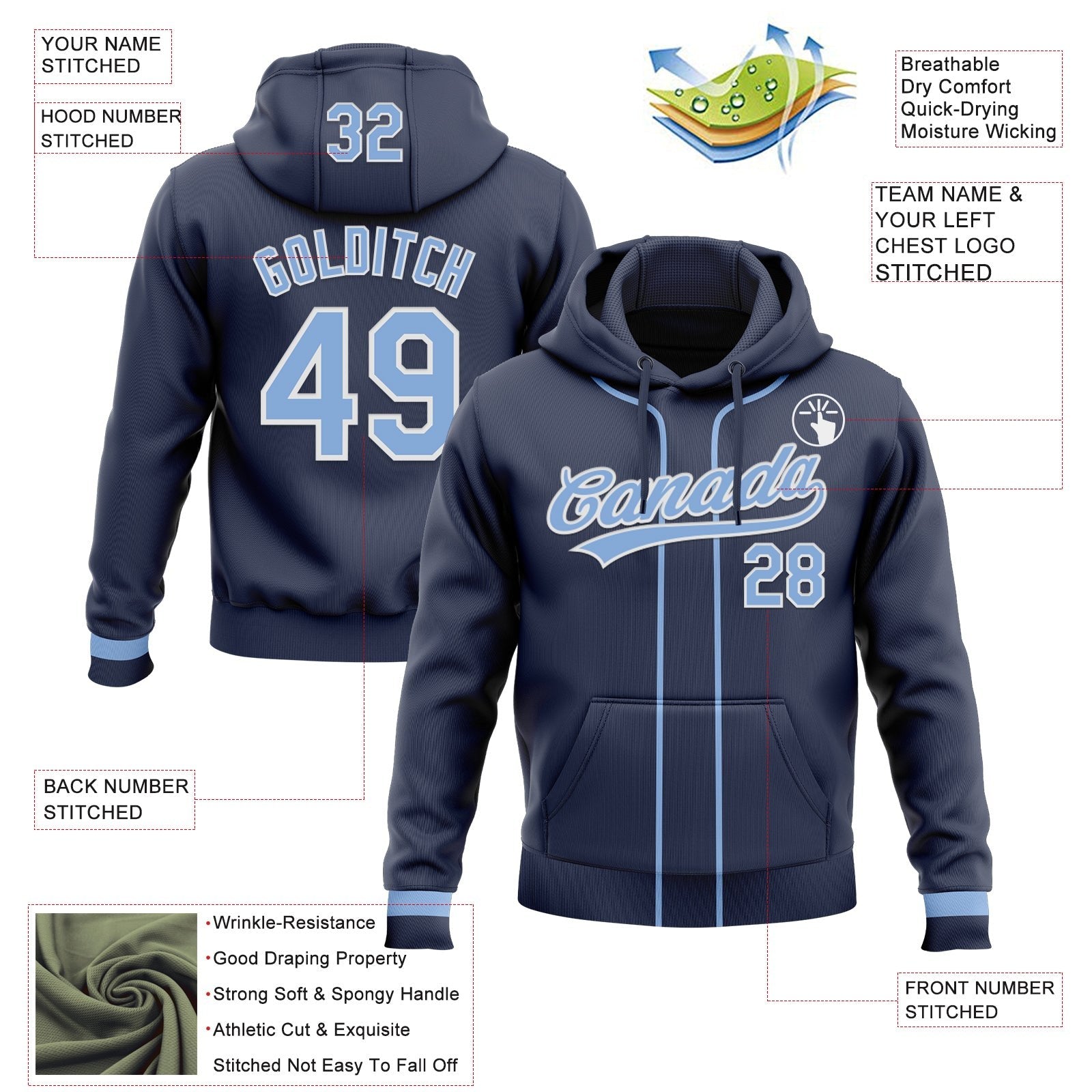 Custom Stitched Navy Light Blue-White Baseball Pullover Sweatshirt Hoodie photo 2