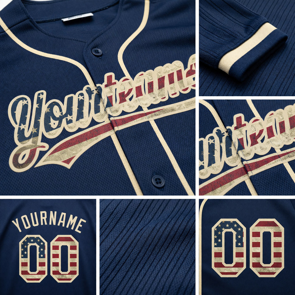 Custom Stitched Navy Vintage USA Flag-Cream Baseball Pullover Sweatshirt Hoodie detail