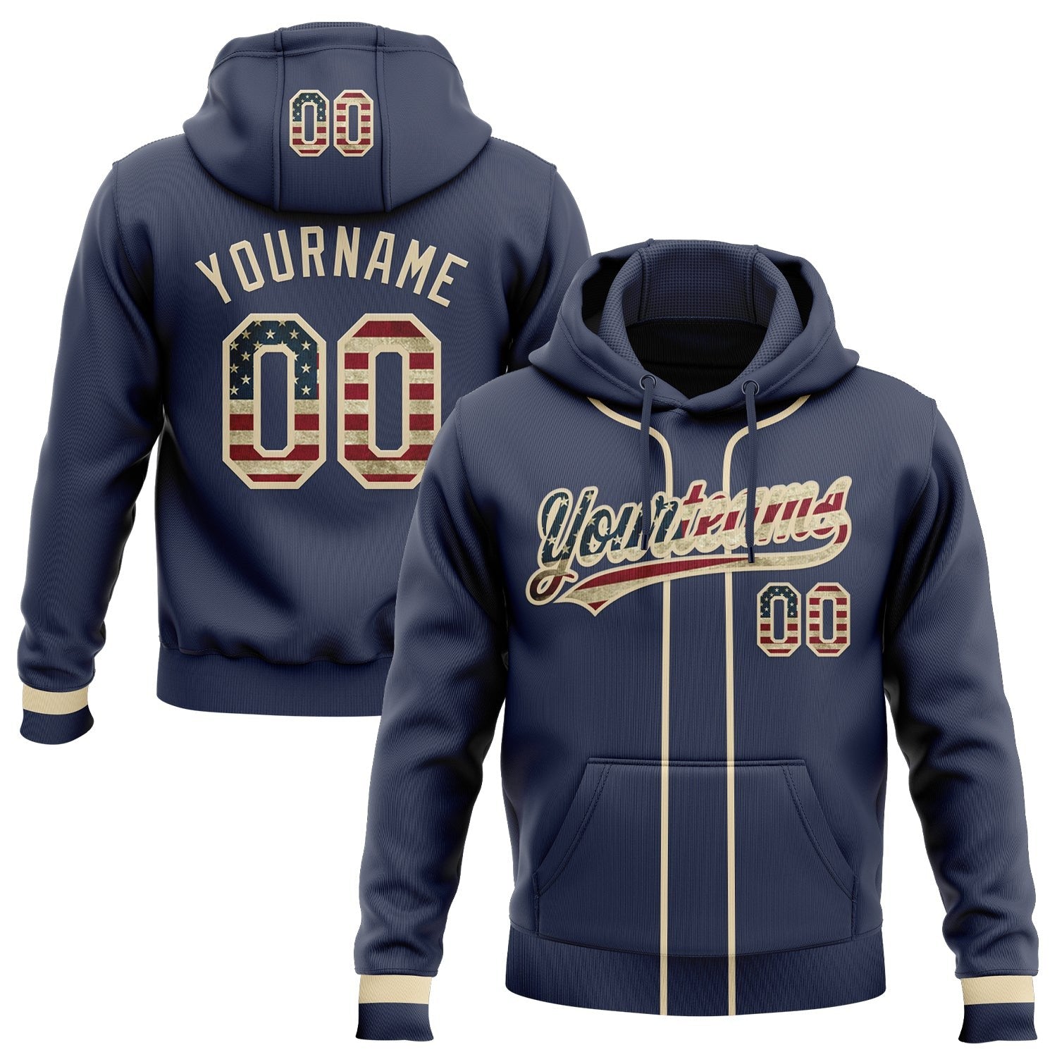 Custom Stitched Navy Vintage USA Flag-Cream Baseball Pullover Sweatshirt Hoodie photo 1