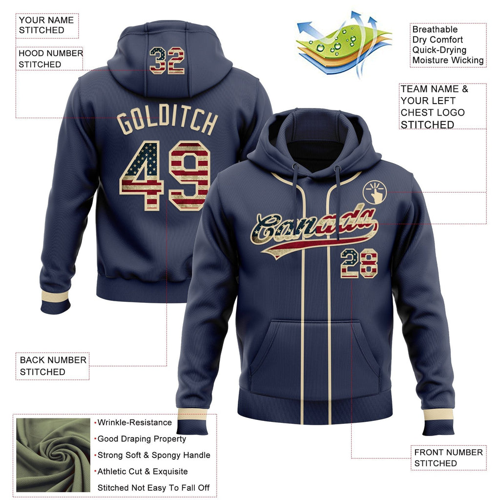 Custom Stitched Navy Vintage USA Flag-Cream Baseball Pullover Sweatshirt Hoodie photo 2