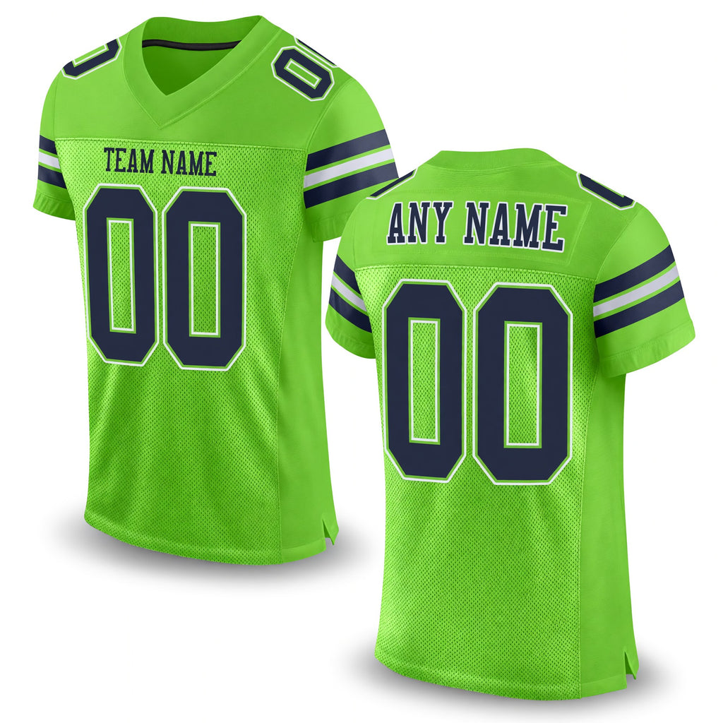 Custom Neon Green Navy-White Mesh Authentic Football Jersey