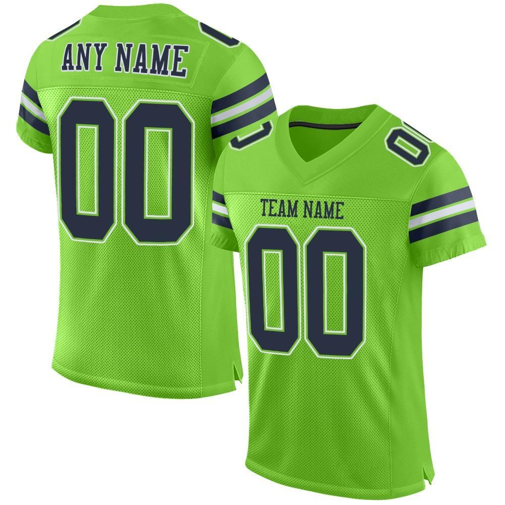Custom Neon Green Navy-White Mesh Authentic Football Jersey photo 1