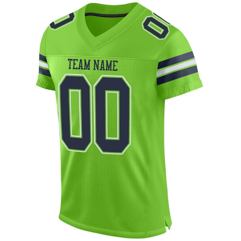 Custom Neon Green Navy-White Mesh Authentic Football Jersey photo 2
