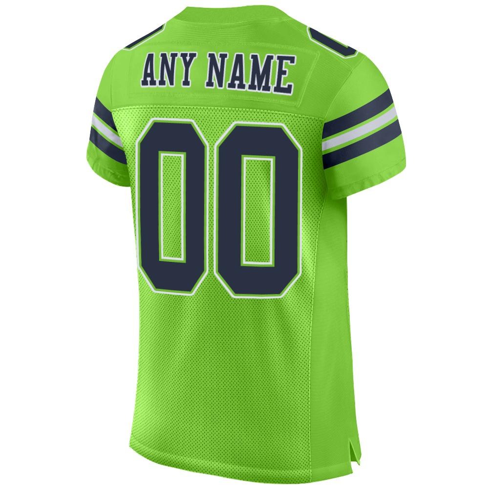 Custom Neon Green Navy-White Mesh Authentic Football Jersey photo 3