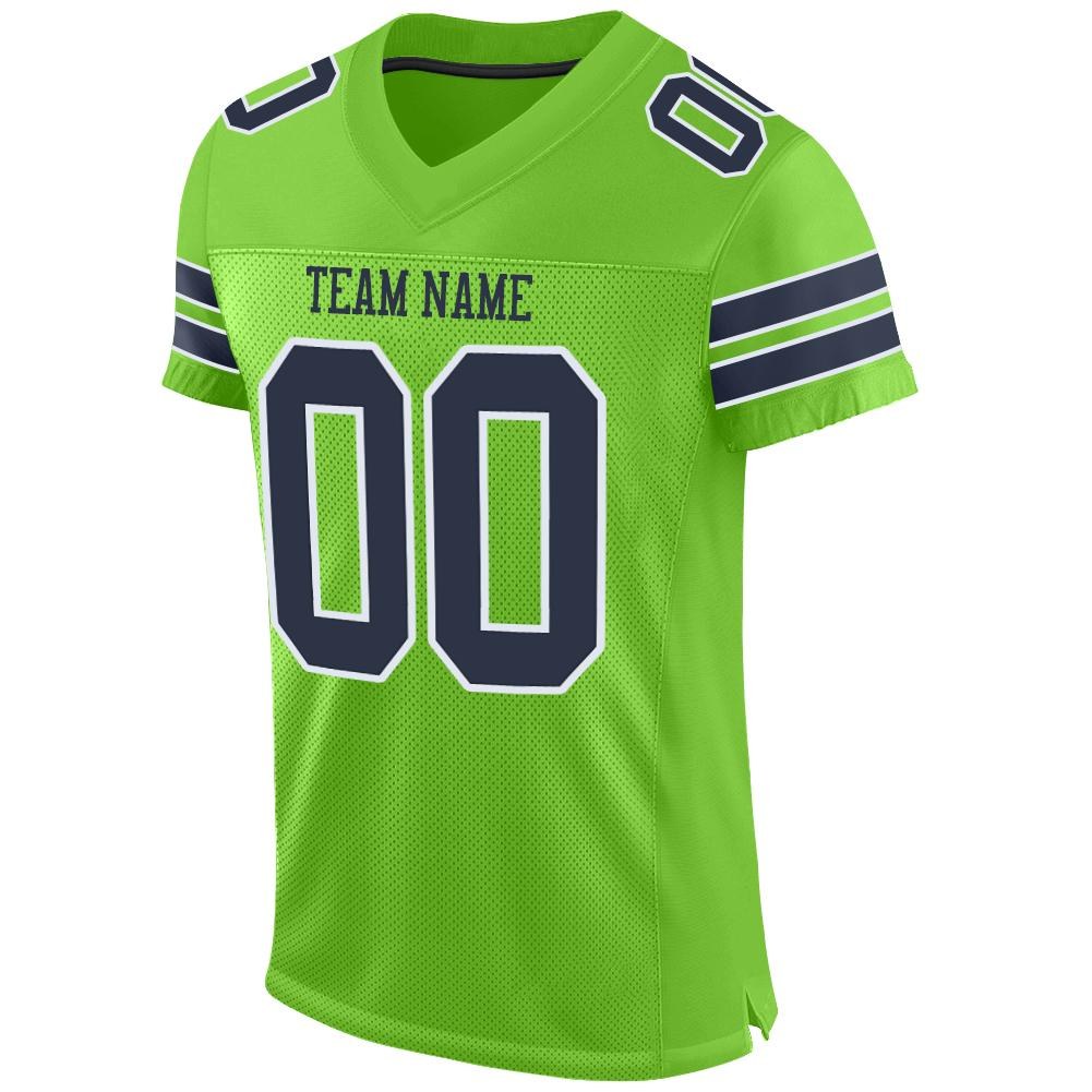 Custom Neon Green Navy-White Mesh Authentic Football Jersey photo 2