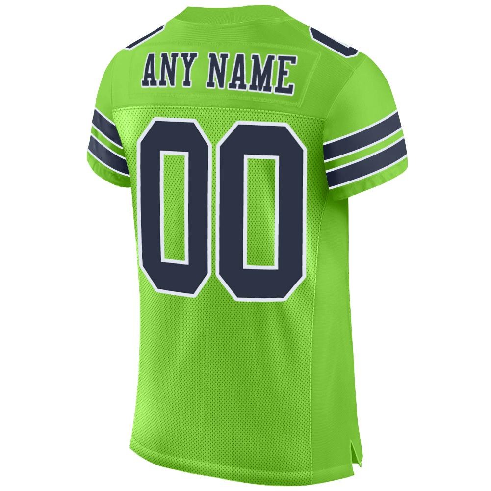 Custom Neon Green Navy-White Mesh Authentic Football Jersey photo 3