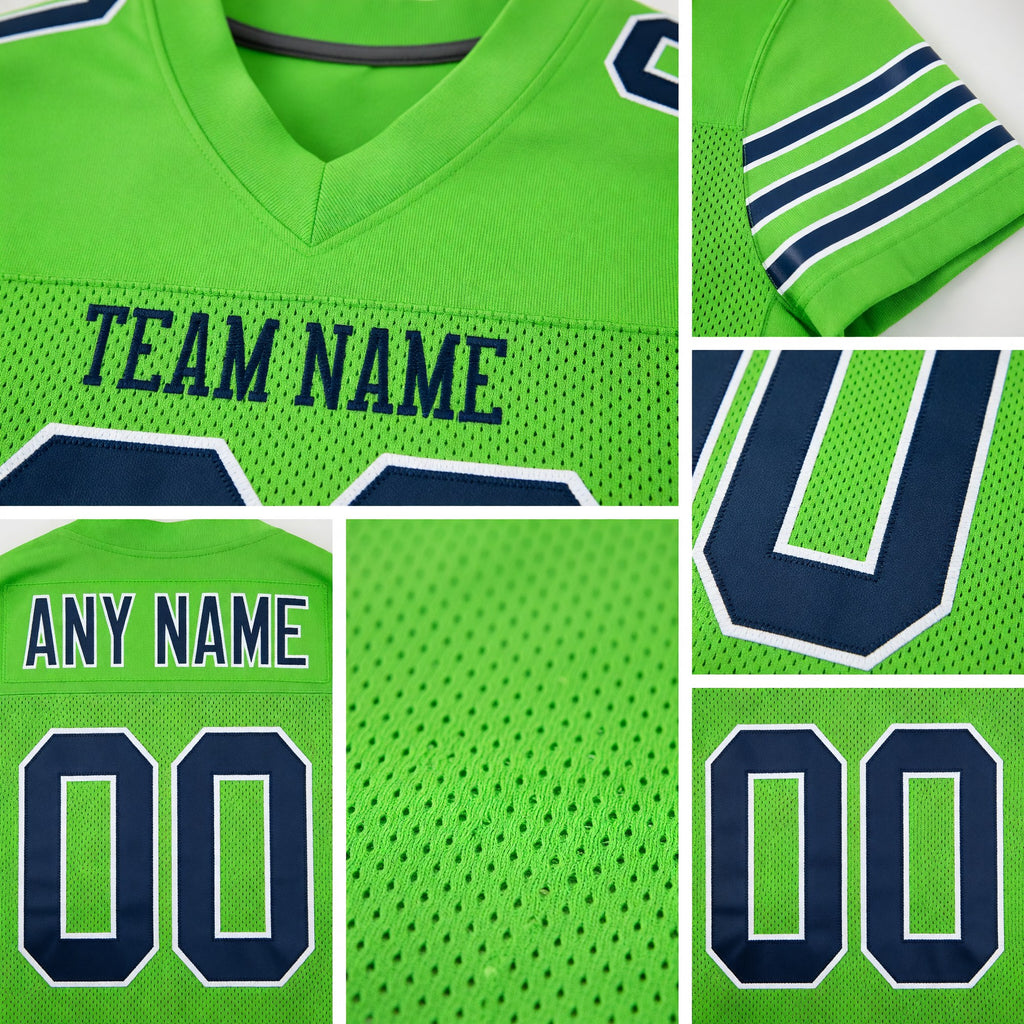 Custom Neon Green Navy-White Mesh Authentic Football Jersey detail