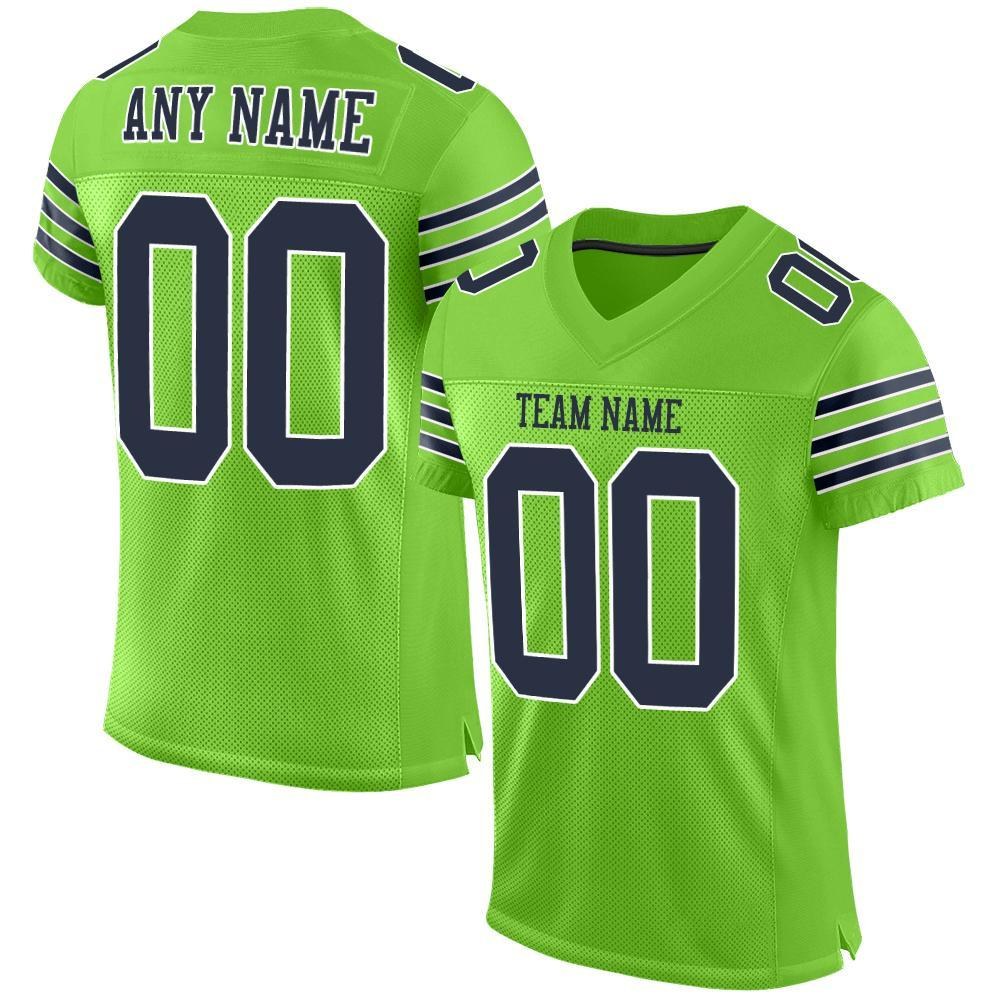 Custom Neon Green Navy-White Mesh Authentic Football Jersey photo 1