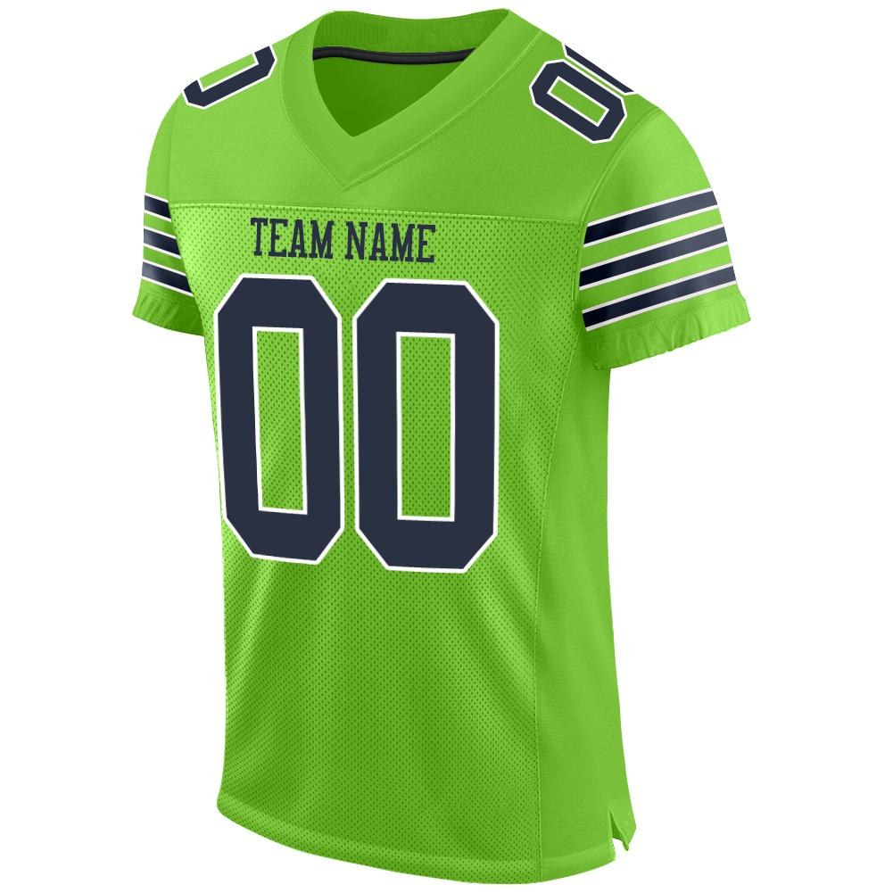 Custom Neon Green Navy-White Mesh Authentic Football Jersey photo 2