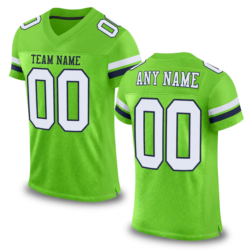 Custom Neon Green White-Navy Mesh Authentic Football Jersey