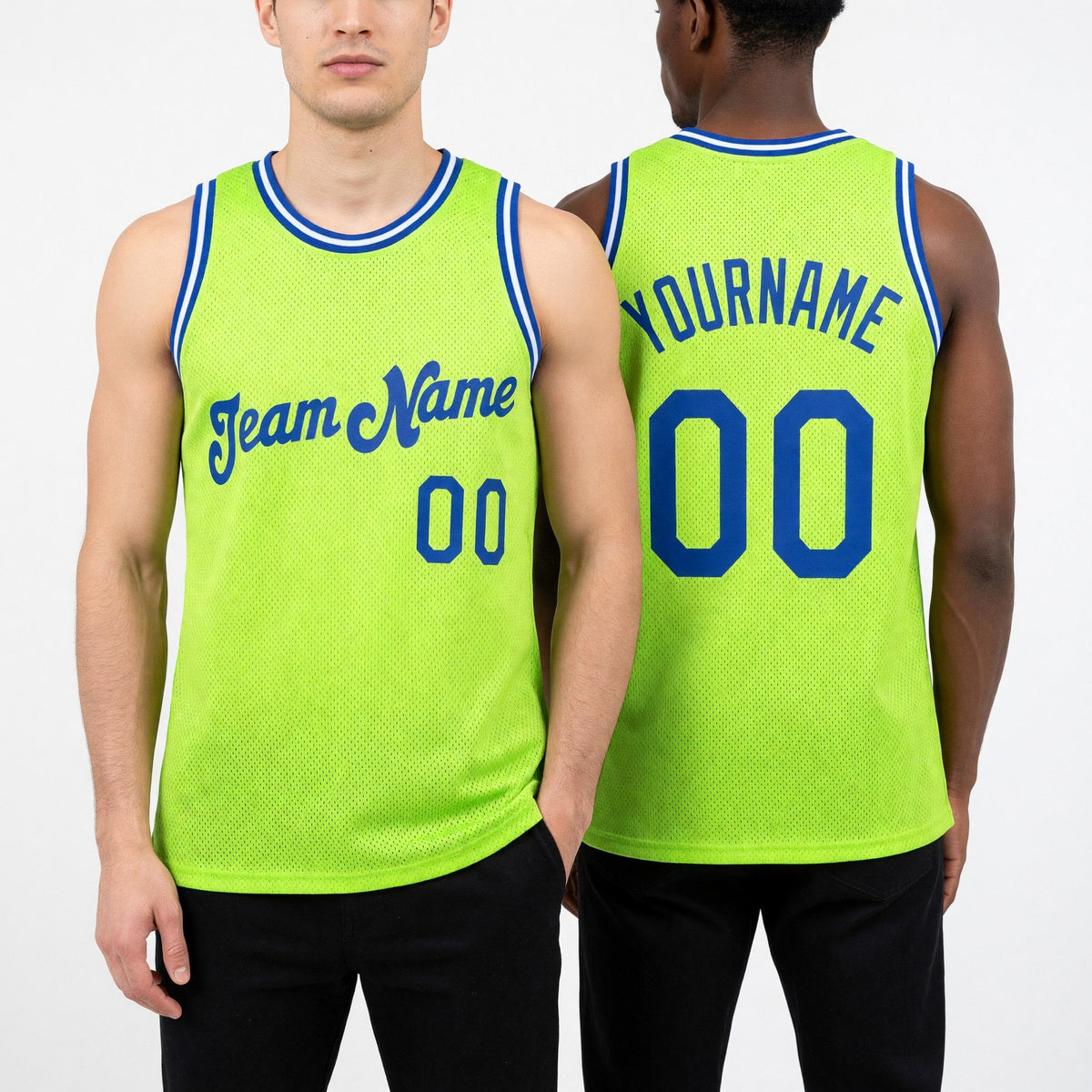 Custom Neon Green Royal-White Authentic Throwback Basketball Jersey worn front and back
