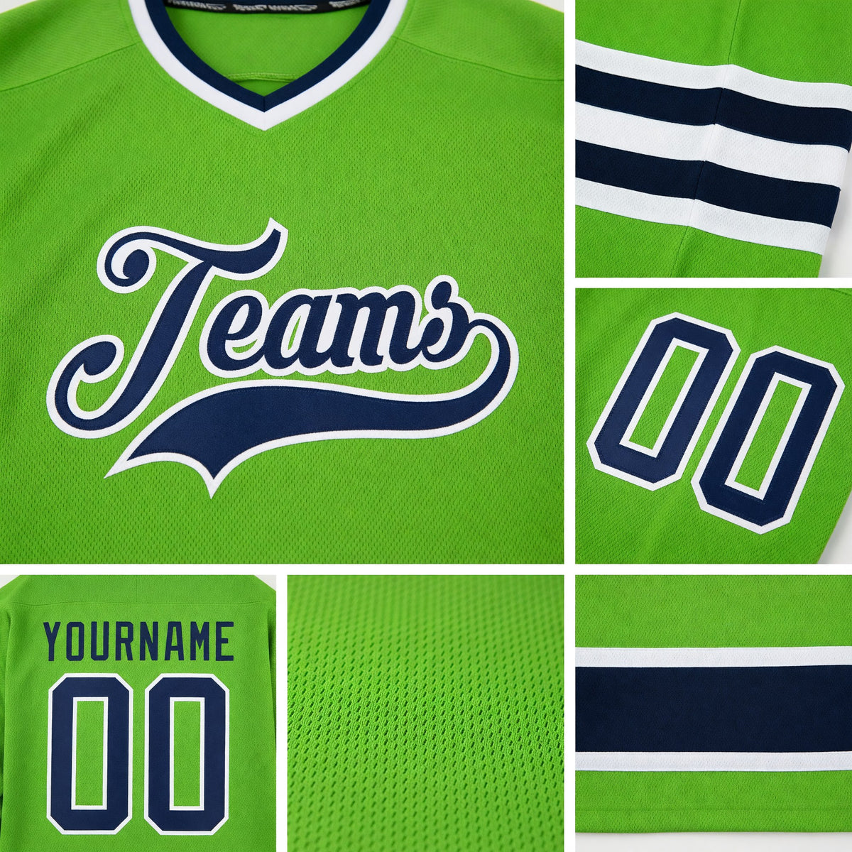 Custom Neon Green Navy-White Hockey Jersey detail