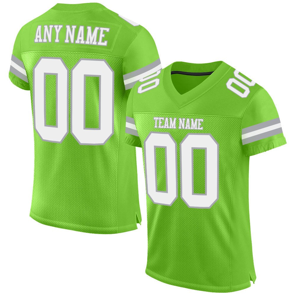 Custom Neon Green White-Gray Mesh Authentic Football Jersey photo 1