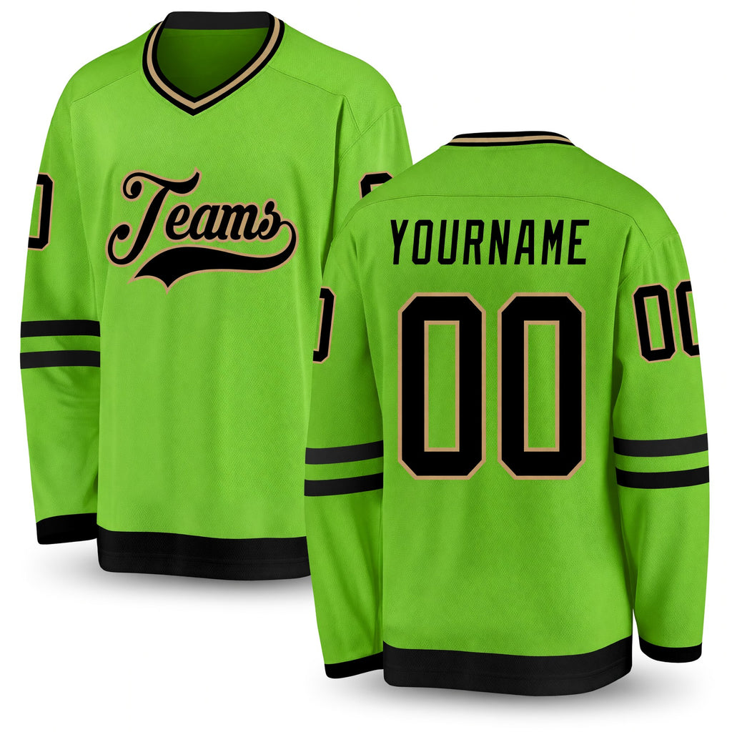 Custom Neon Green Black-Old Gold Hockey Jersey