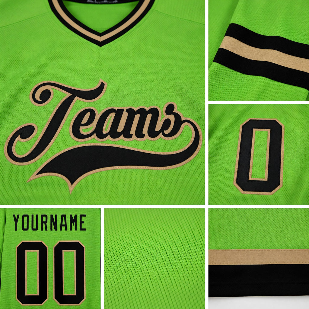 Custom Neon Green Black-Old Gold Hockey Jersey detail