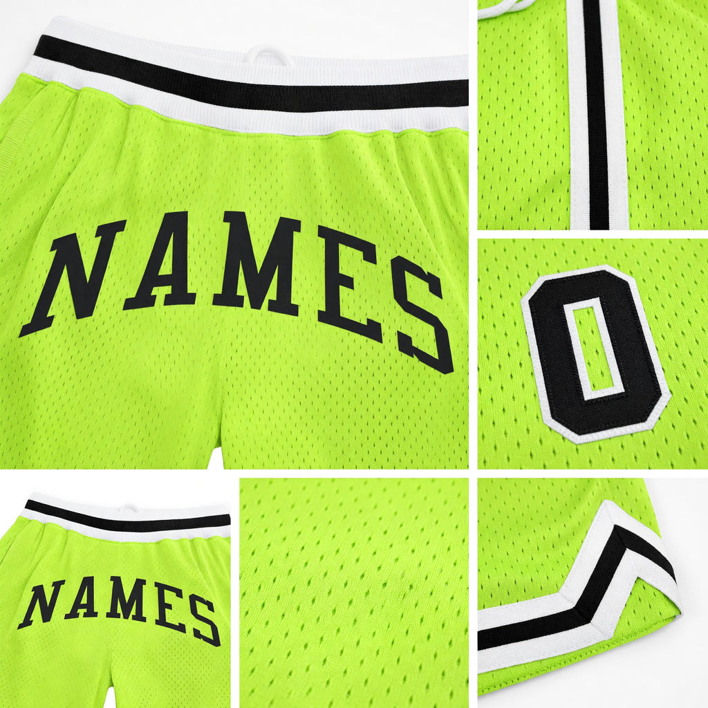 Custom Neon Green Black-White Authentic Throwback Basketball Shorts detail